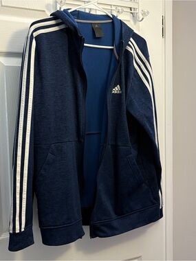 adidas Navy Blue Hooded Track Jacket with White Stripes